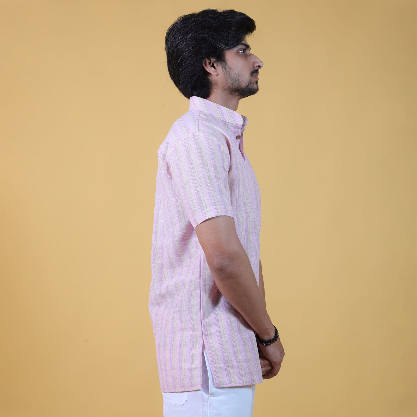 Wide Stripe Half Sleeves Short Kurta-Pink