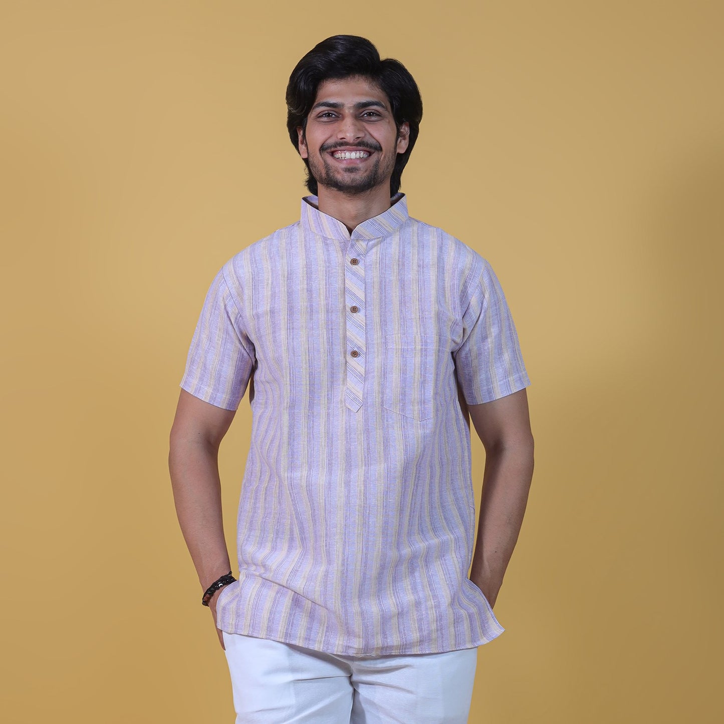 Wide Stripe Half Sleeves Short Kurta-Purple