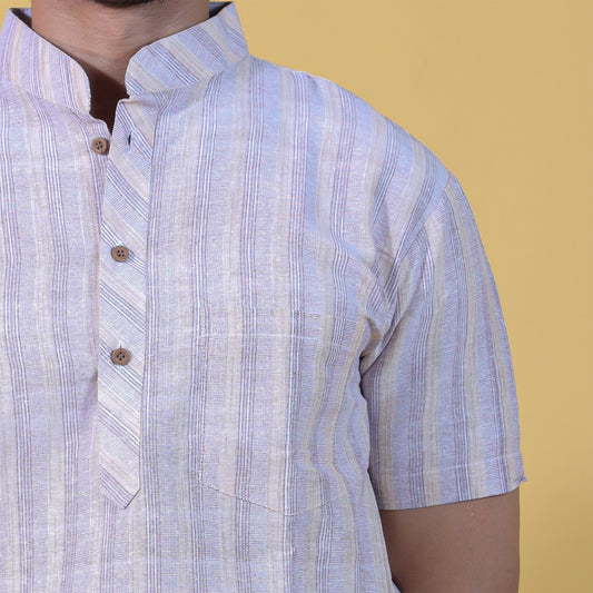 Wide Stripe Half Sleeves Short Kurta-Skin