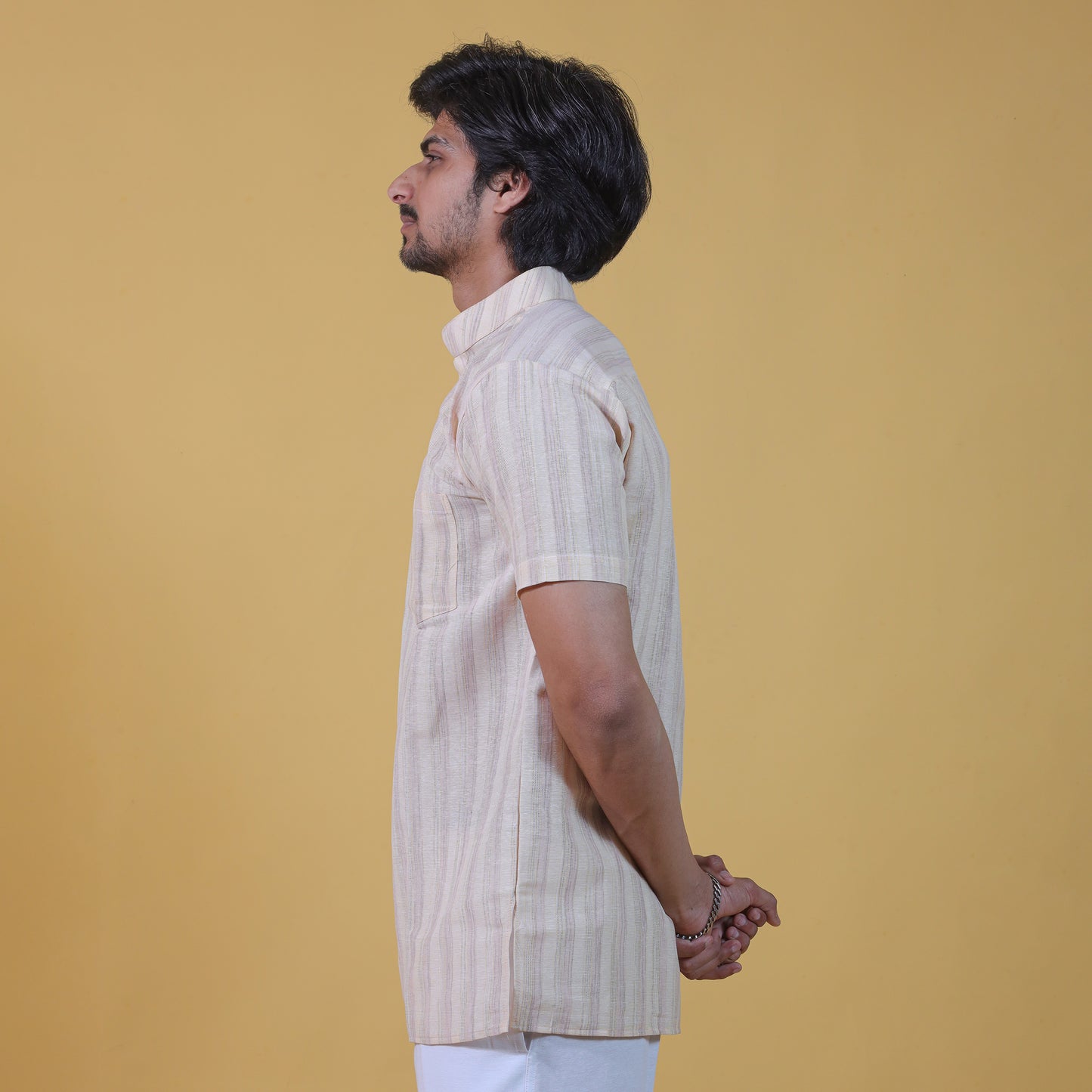 Combo Set Wide Stripe Half Sleeves Short Kurta Pant-Yellow