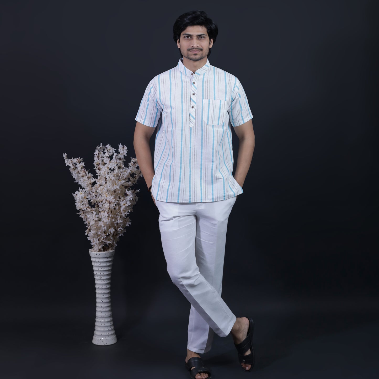 Combo Set Aligned Threads Half Sleeves Short Kurta Pant-Blue