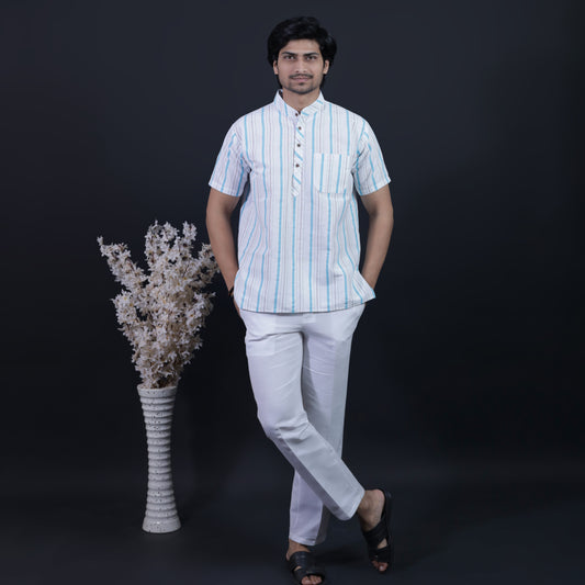 Combo Set Aligned Threads Half Sleeves Short Kurta Pant-Blue