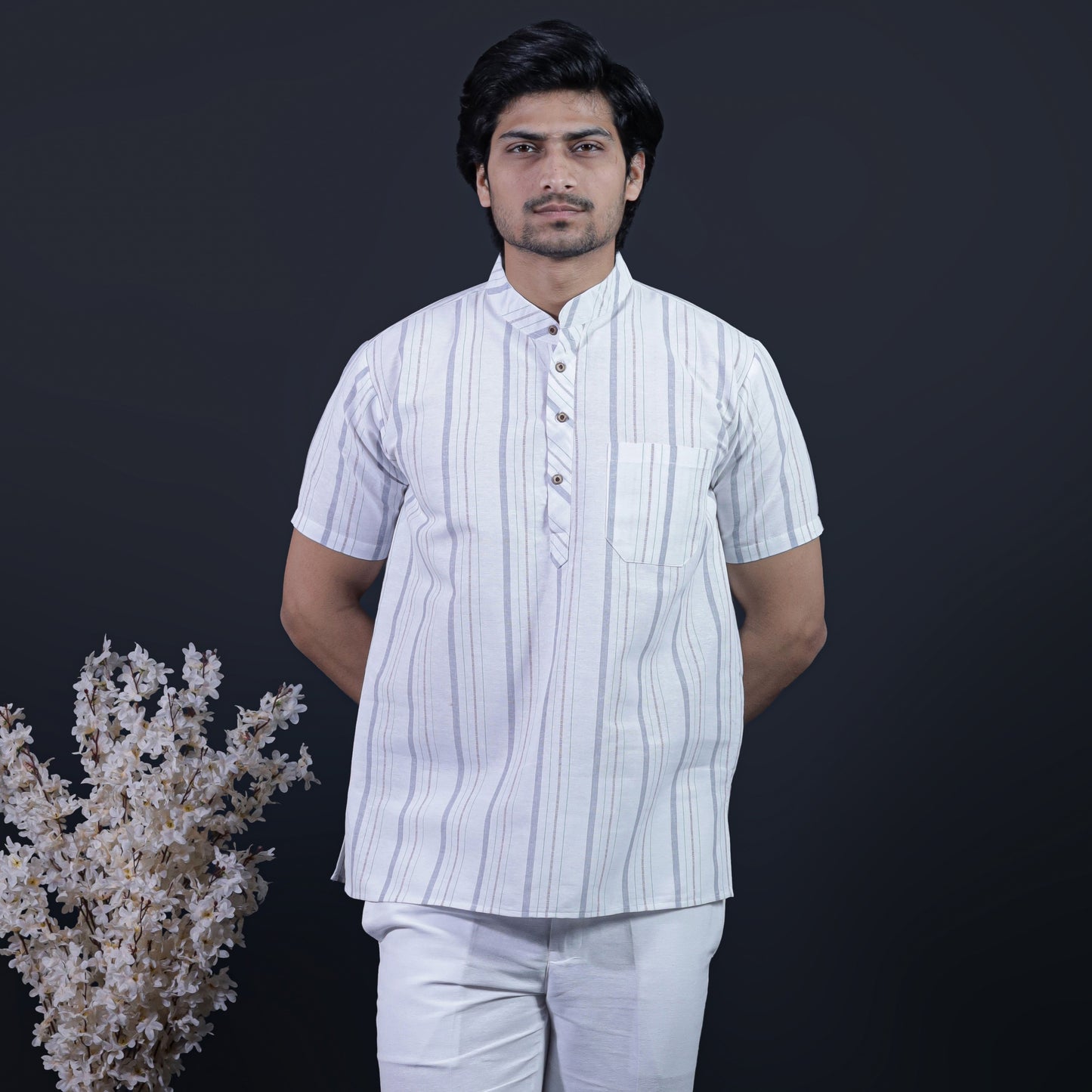 Combo Set Aligned Threads Half Sleeves Short Kurta Pant-Gray