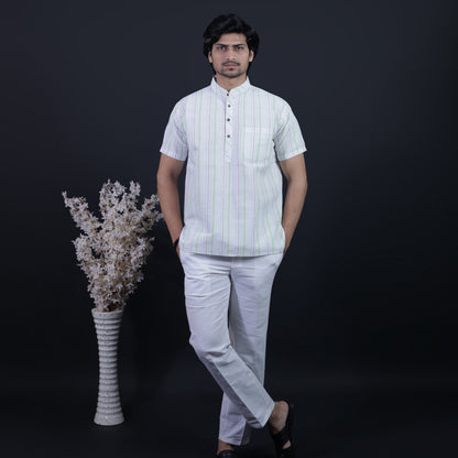 Combo Set Aligned Threads Half Sleeves Short Kurta Pant-Green