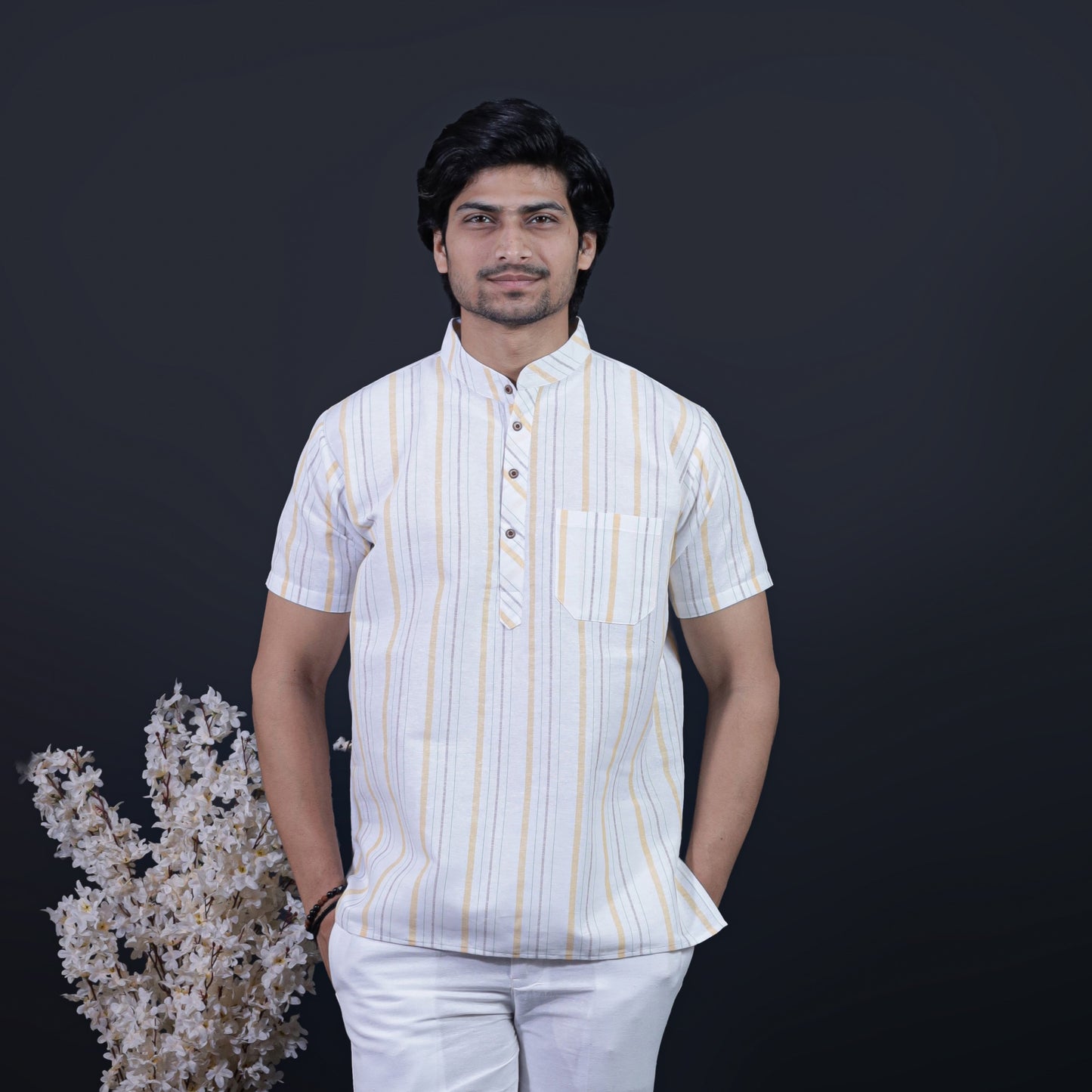 Aligned Threads Half Sleeves Short Kurta-Yellow
