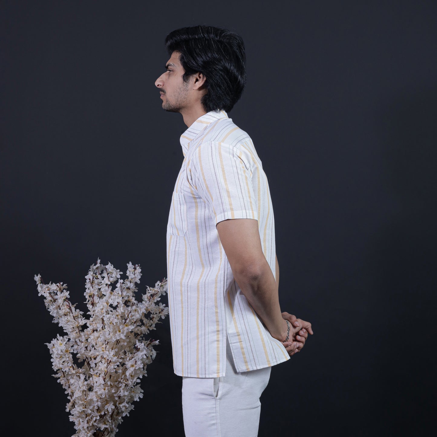 Aligned Threads Half Sleeves Short Kurta-Yellow