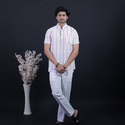 Combo Set Aligned Threads Half Sleeves Short Kurta Pant-Red