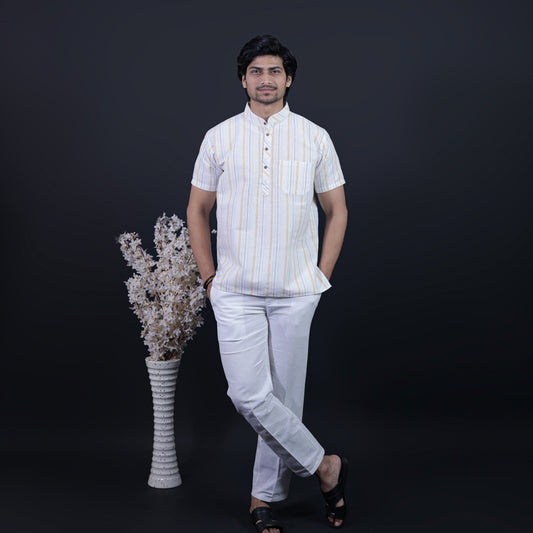 Combo Set Aligned Threads Half Sleeves Short Kurta Pant-Yellow