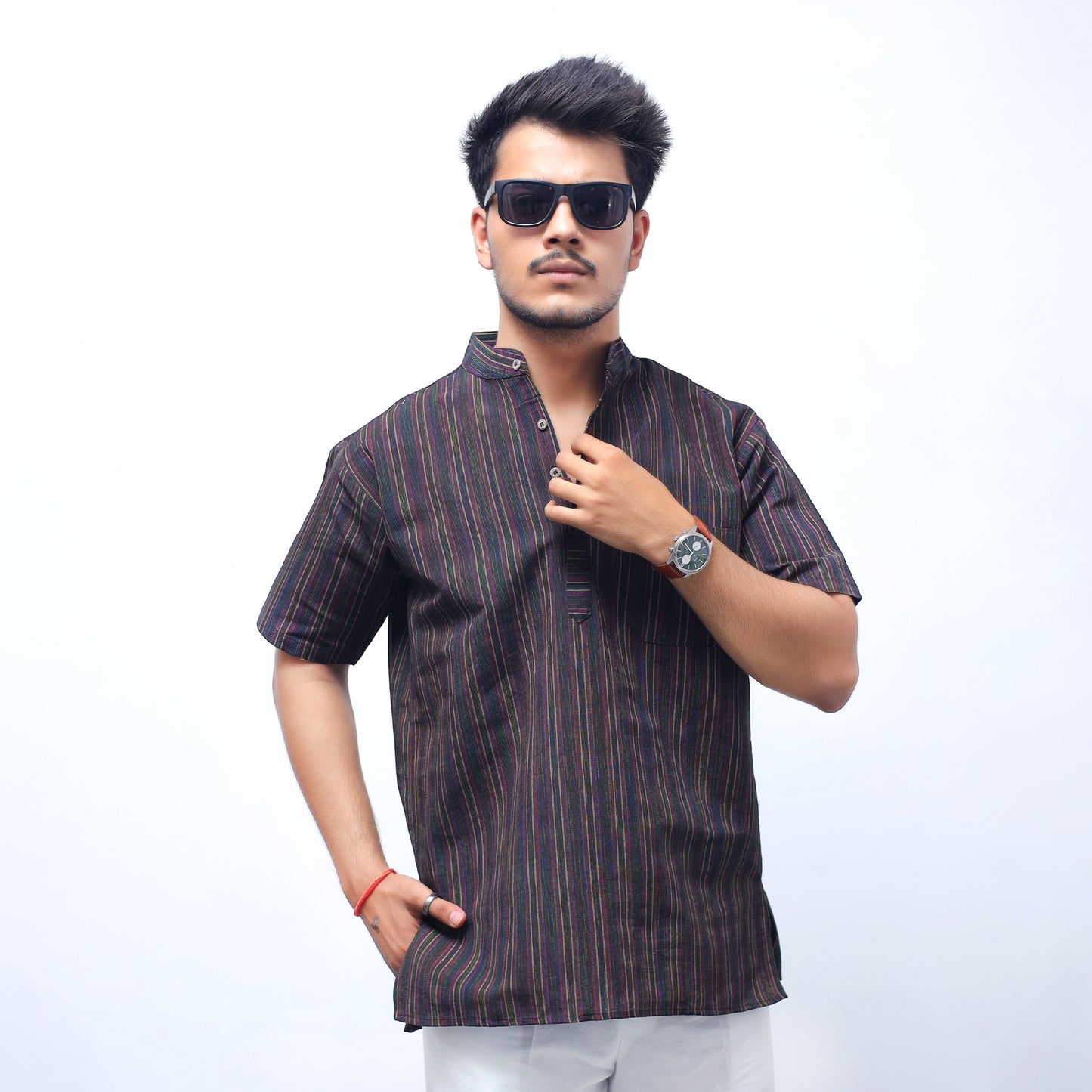 Breeze Striped Half Sleeves Short Kurta-Black