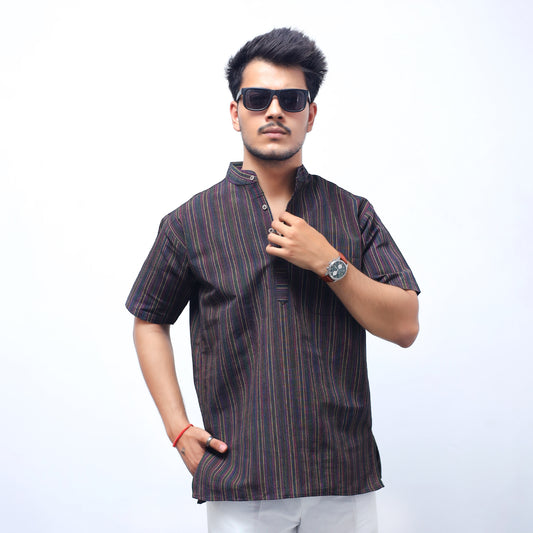 Breeze Striped Half Sleeves Short Kurta-Black