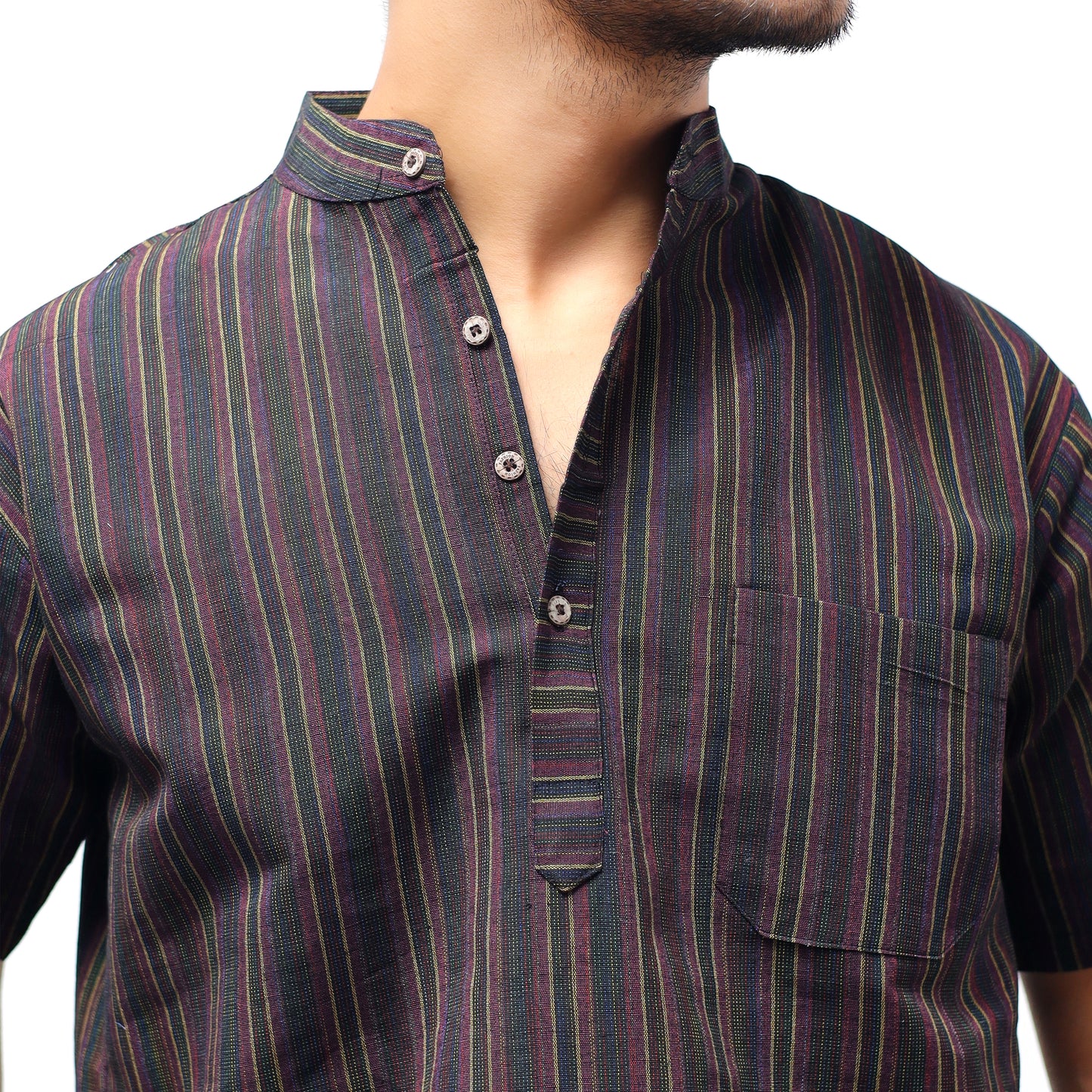 Breeze Striped Half Sleeves Short Kurta-Black