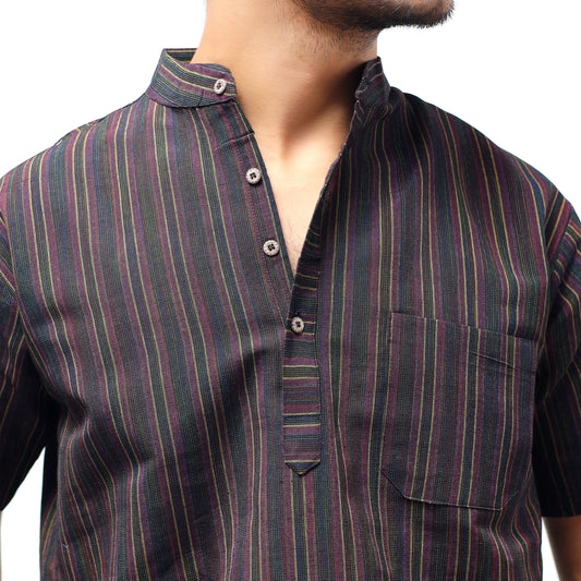 Breeze Striped Half Sleeves Short Kurta-Black