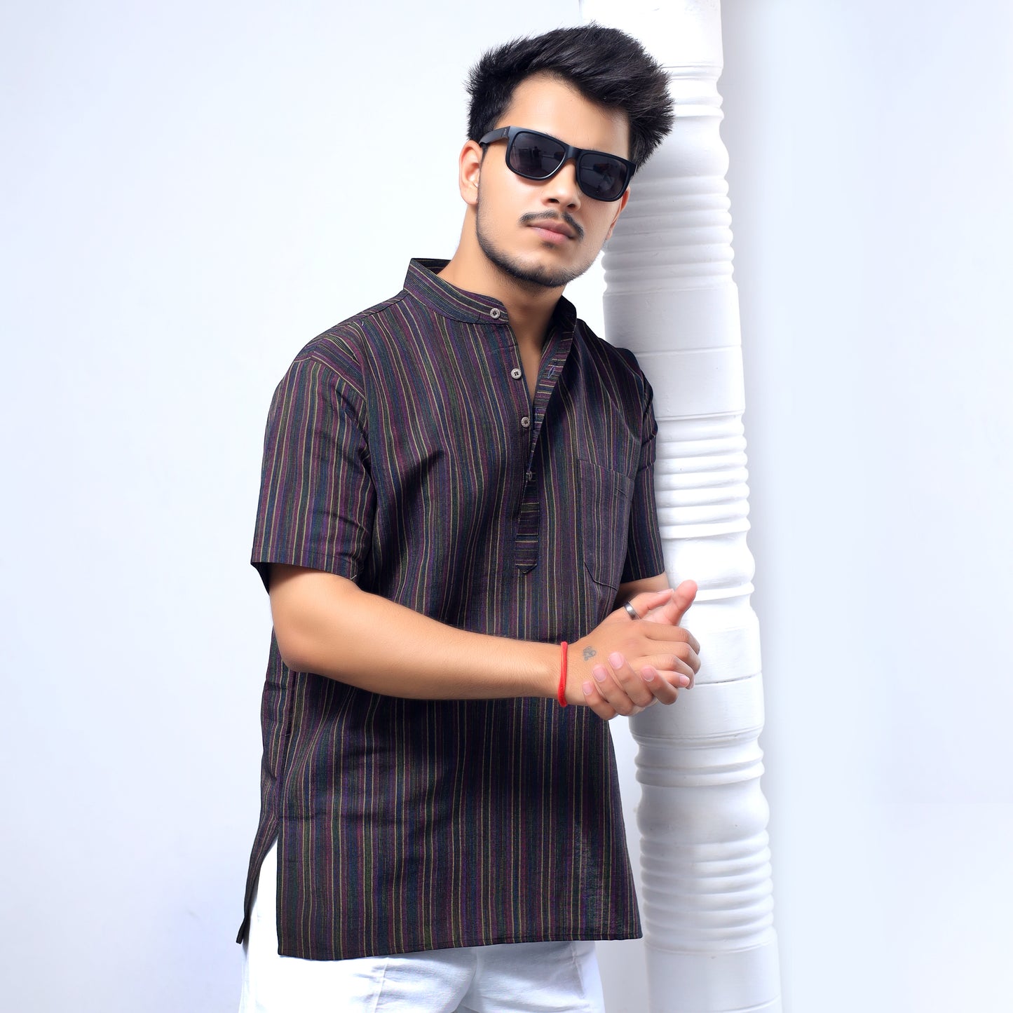 Breeze Striped Half Sleeves Short Kurta-Black