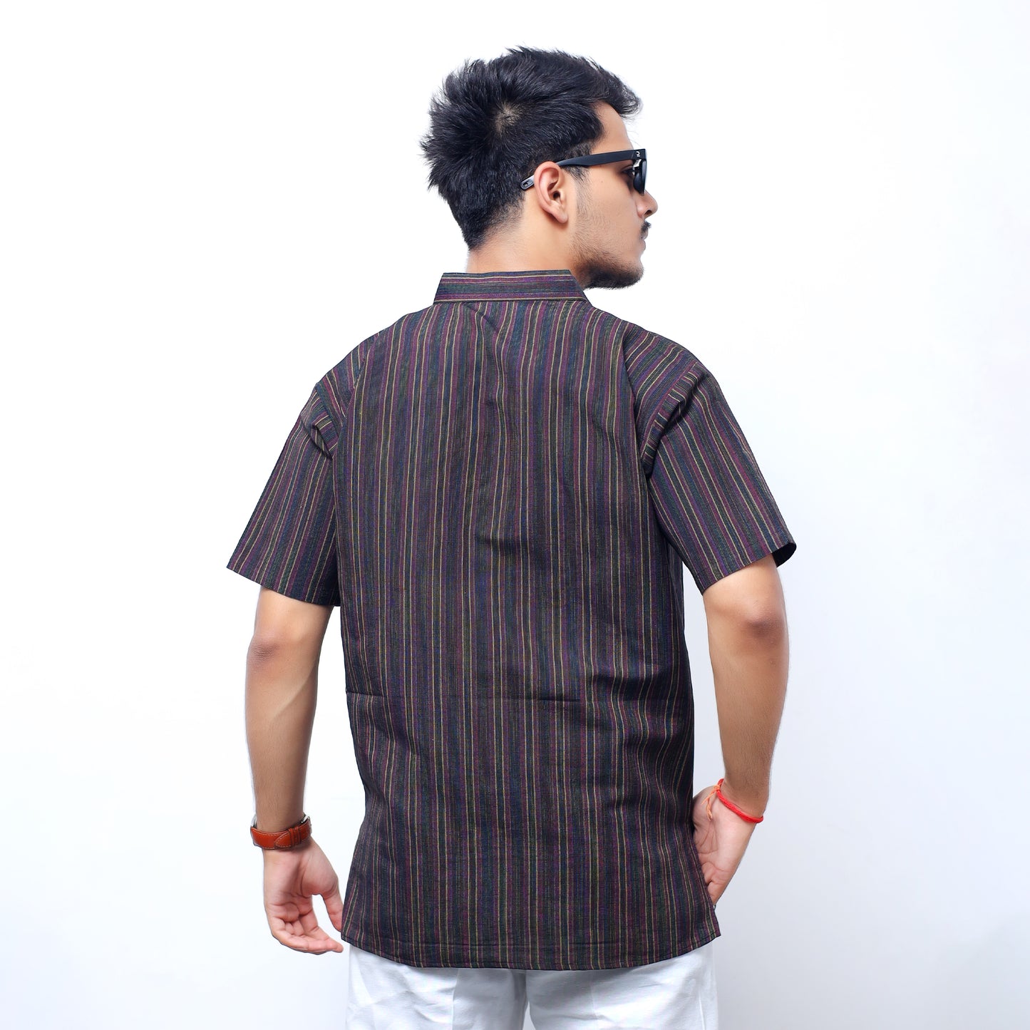 Breeze Striped Half Sleeves Short Kurta-Black