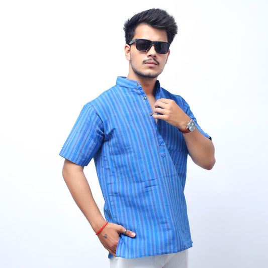 Breeze Striped Half Sleeves Short Kurta-Blue
