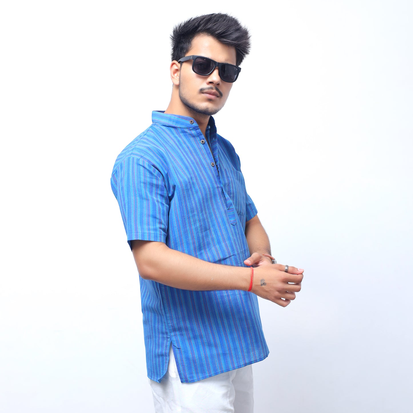 Breeze Striped Half Sleeves Short Kurta-Blue