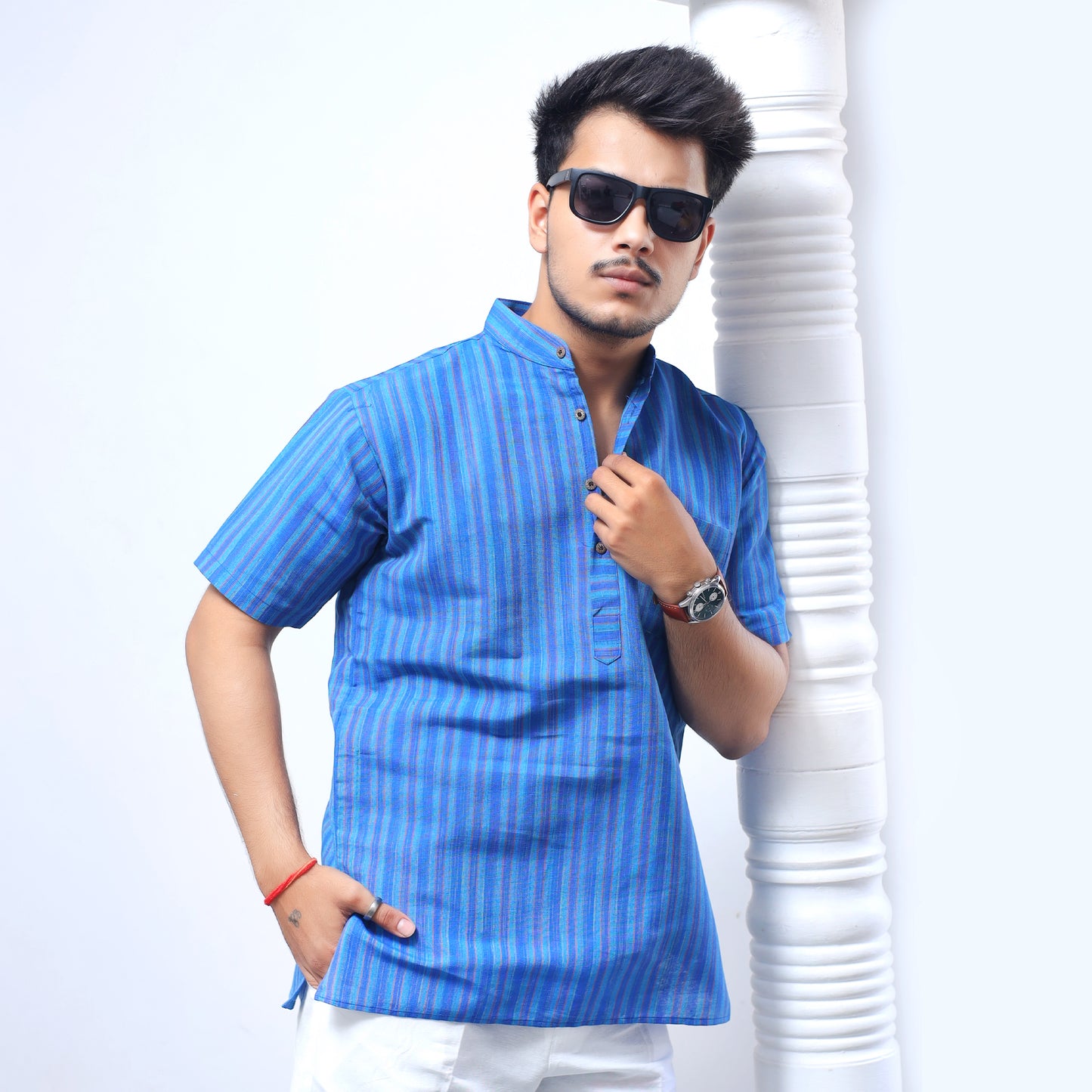 Breeze Striped Half Sleeves Short Kurta-Blue