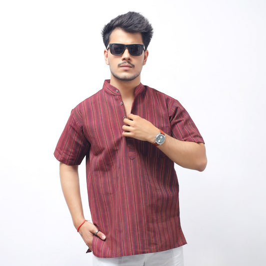 Breeze Striped Half Sleeves Short Kurta-Maroon