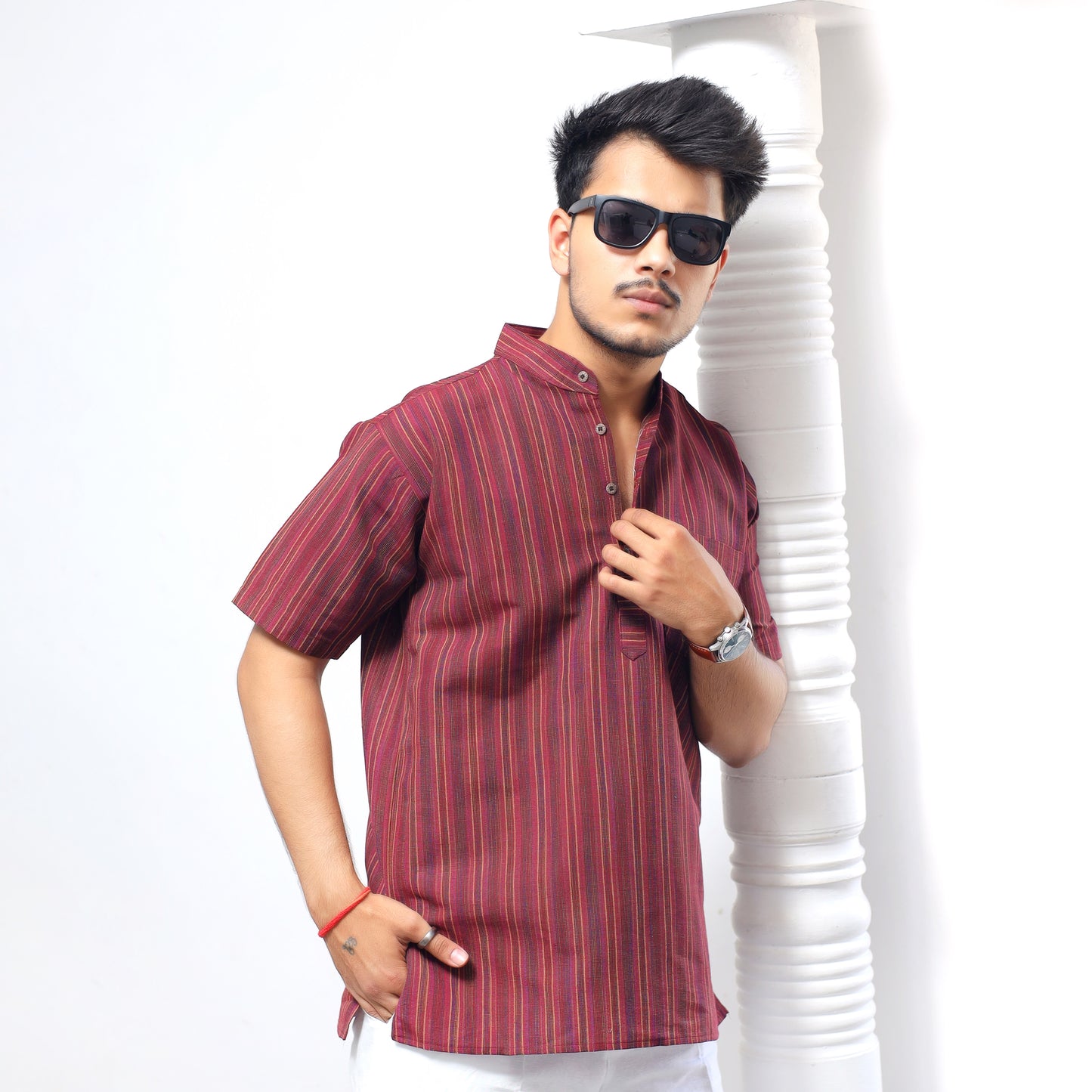 Breeze Striped Half Sleeves Short Kurta-Maroon