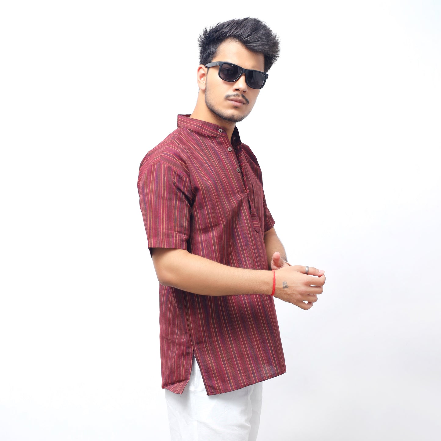 Breeze Striped Half Sleeves Short Kurta-Maroon