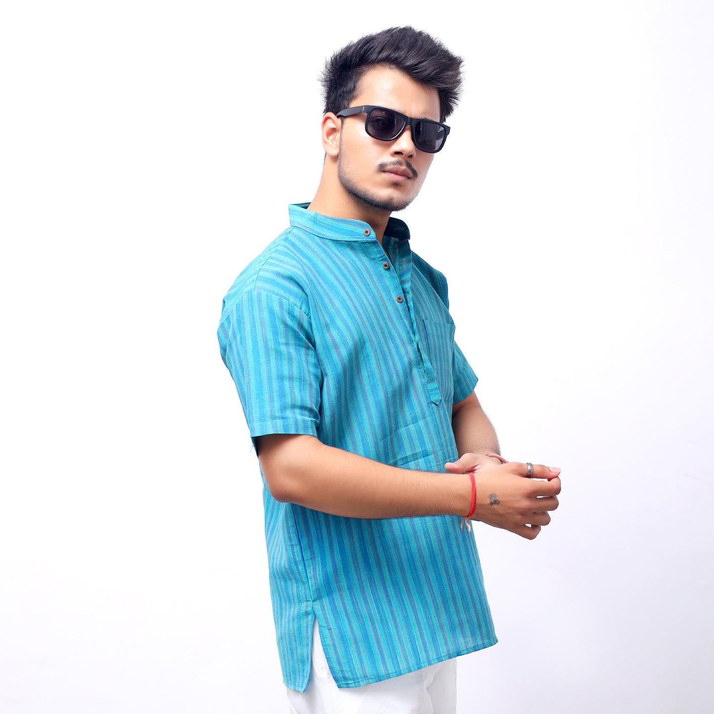 Breeze Striped Half Sleeves Short Kurta-Mint Green