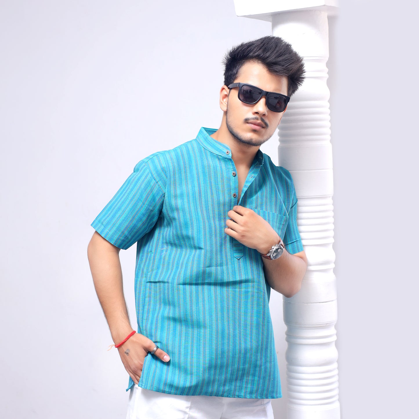Breeze Striped Half Sleeves Short Kurta-Mint Green