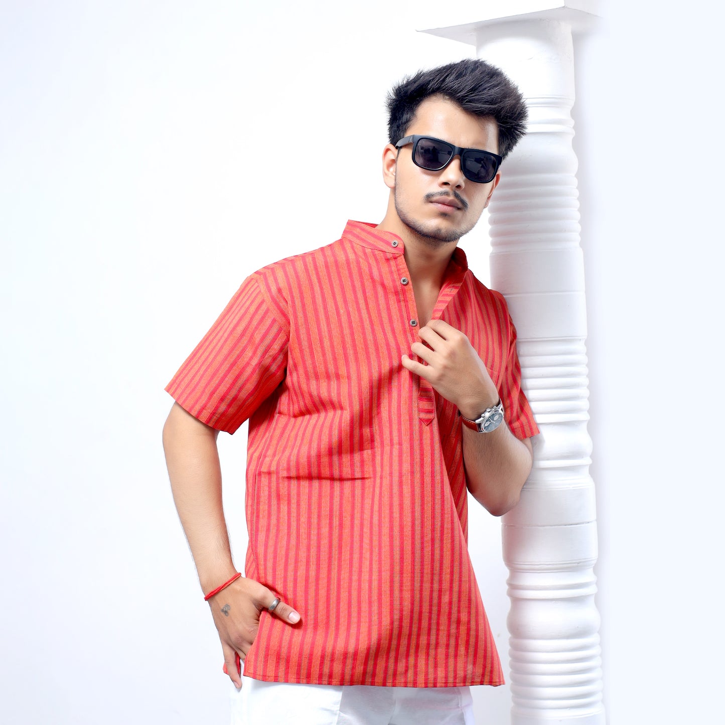Breeze Striped Half Sleeves Short Kurta-Red