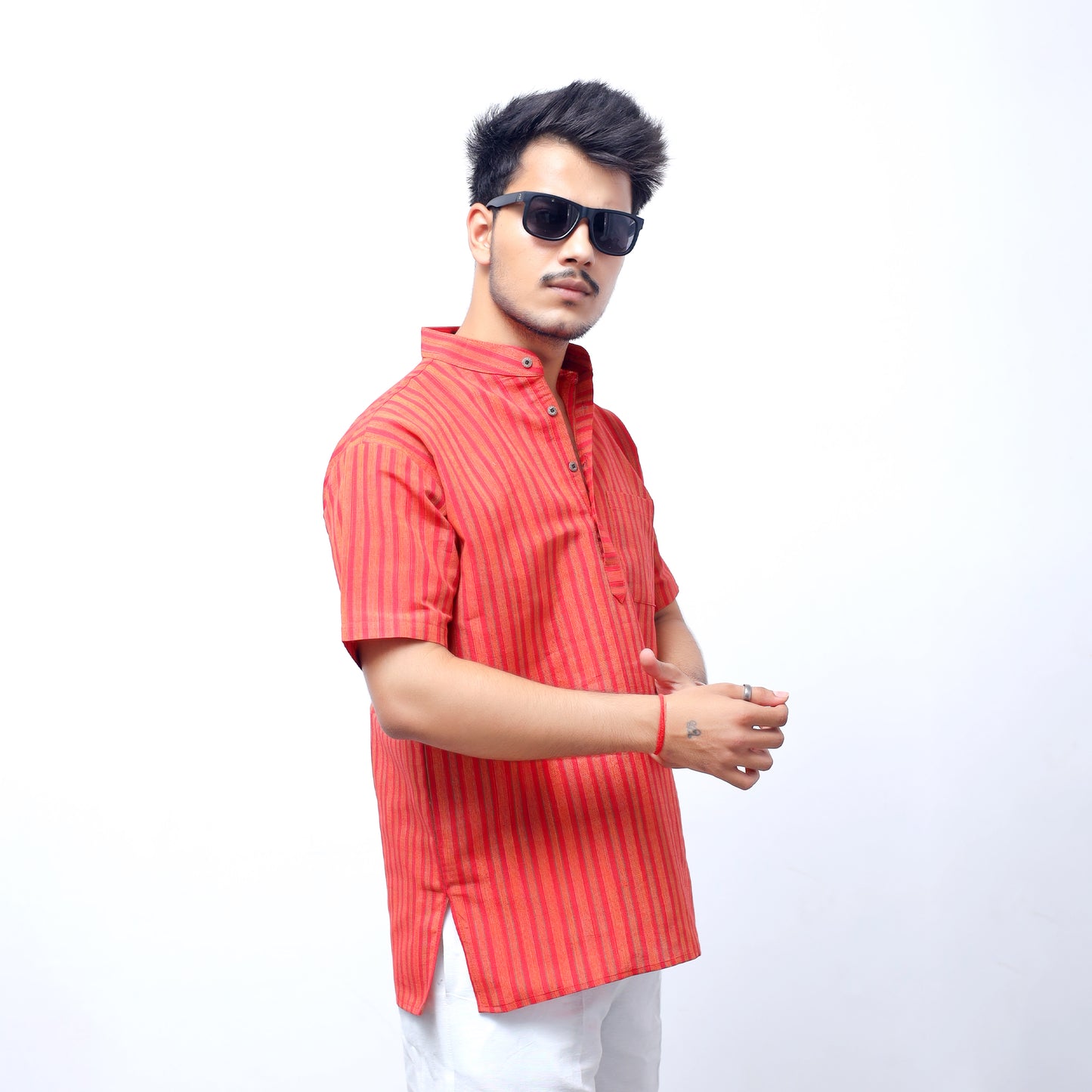 Breeze Striped Half Sleeves Short Kurta-Red