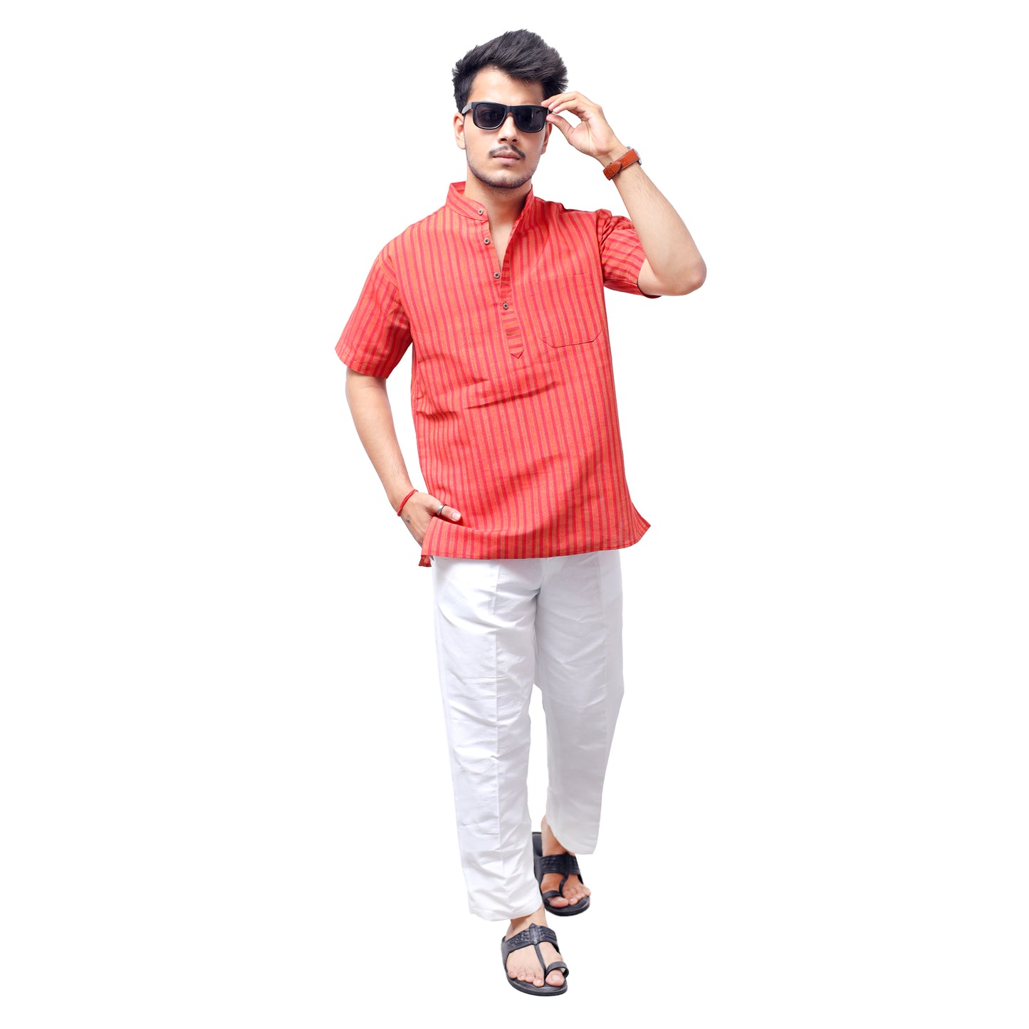 Breeze Striped Half Sleeves Short Kurta-Red