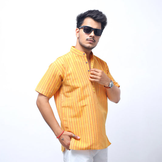 Breeze Striped Half Sleeves Short Kurta-Yellow