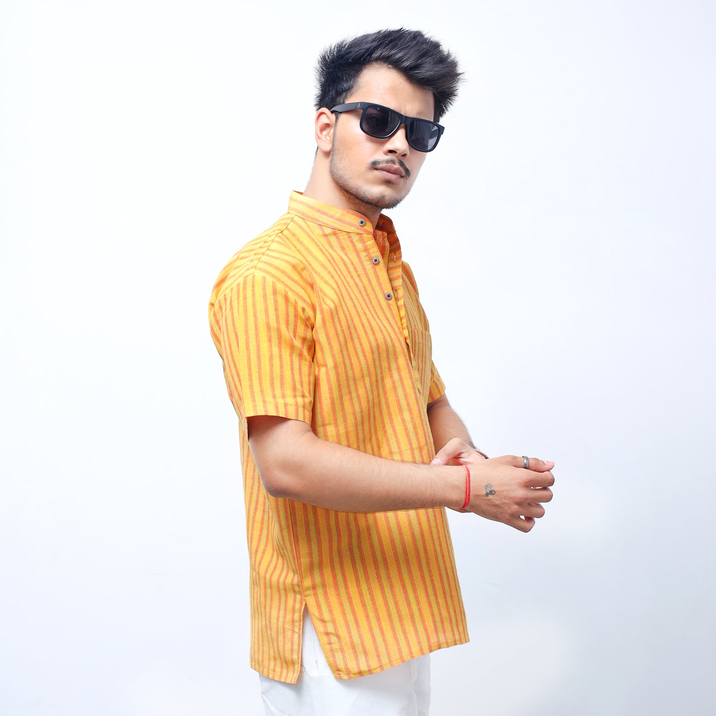 Breeze Striped Half Sleeves Short Kurta-Yellow