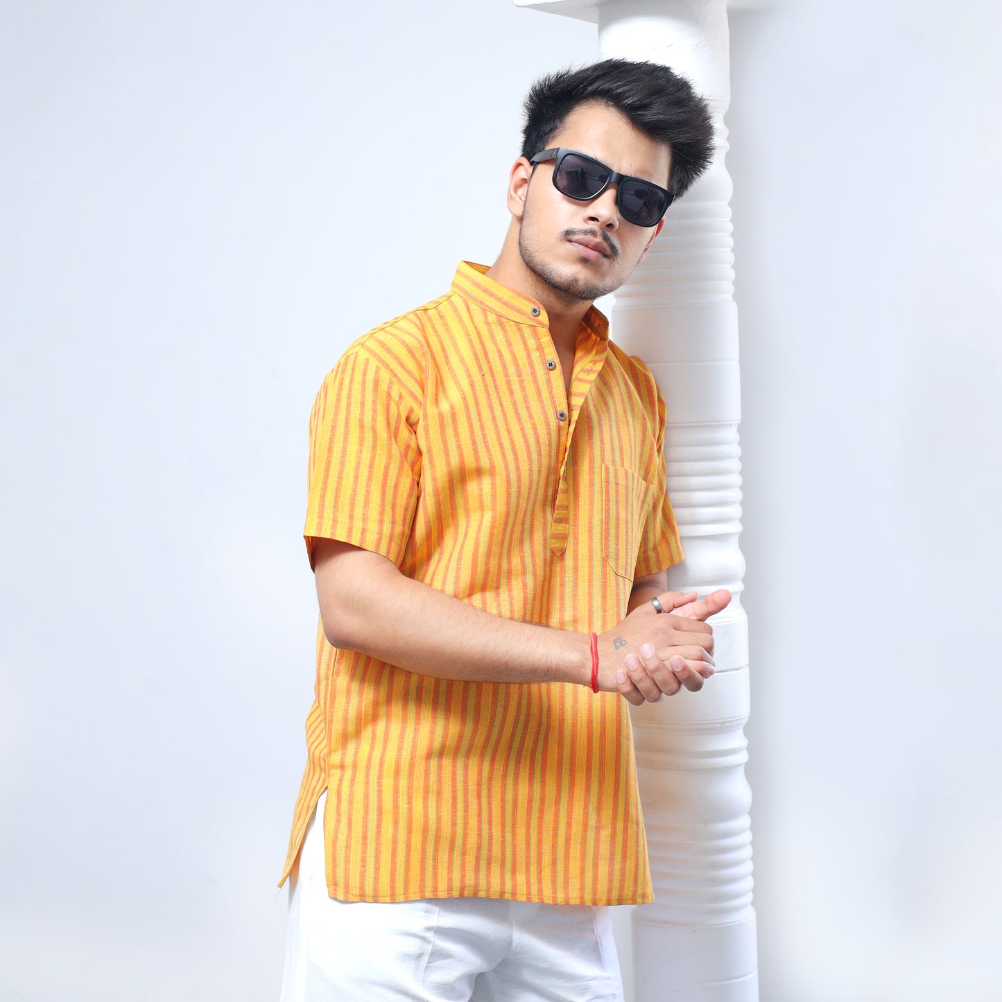 Breeze Striped Half Sleeves Short Kurta-Yellow