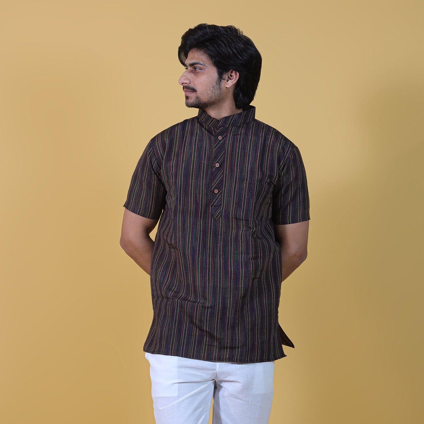Combo Set Breeze Striped Half Sleeves Short Kurta Pant-Black