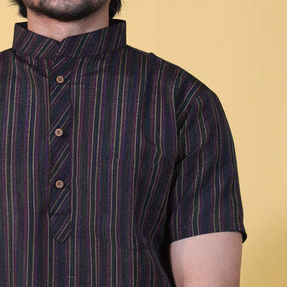 Combo Set Breeze Striped Half Sleeves Short Kurta Pant-Black