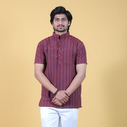 Breeze Striped Half Sleeves Short Kurta-Maroon