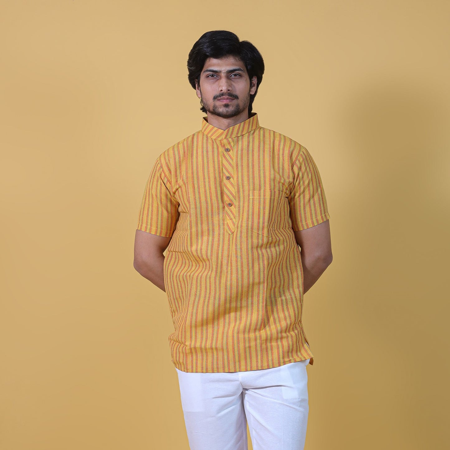 Combo Set Breeze Striped Half Sleeves Short Kurta Pant-Yellow