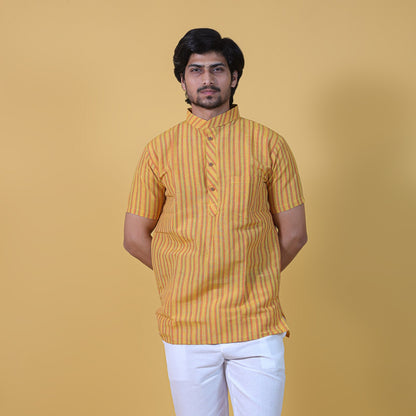 Combo Set Breeze Striped Half Sleeves Short Kurta Pant-Yellow