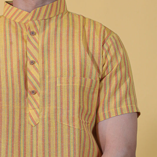 Breeze Striped Half Sleeves Short Kurta-Yellow