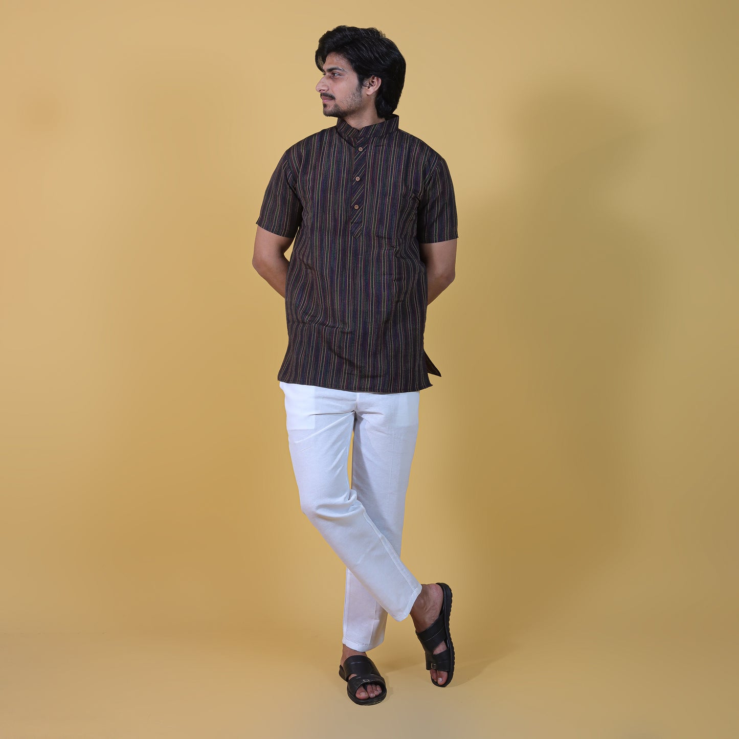 Combo Set Breeze Striped Half Sleeves Short Kurta Pant-Black