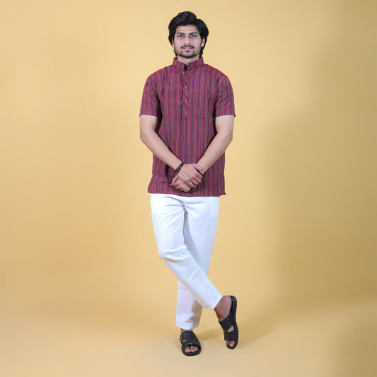Combo Set Breeze Striped Half Sleeves Short Kurta Pant-Maroon