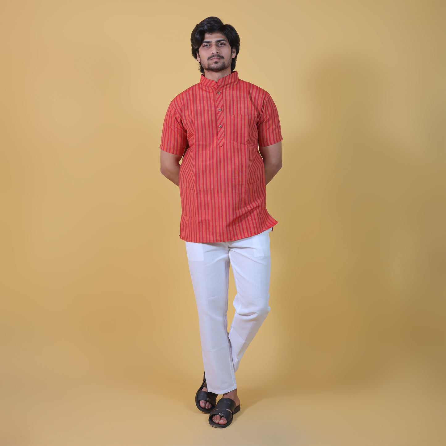 Combo Set Breeze Striped Half Sleeves Short Kurta Pant-Red