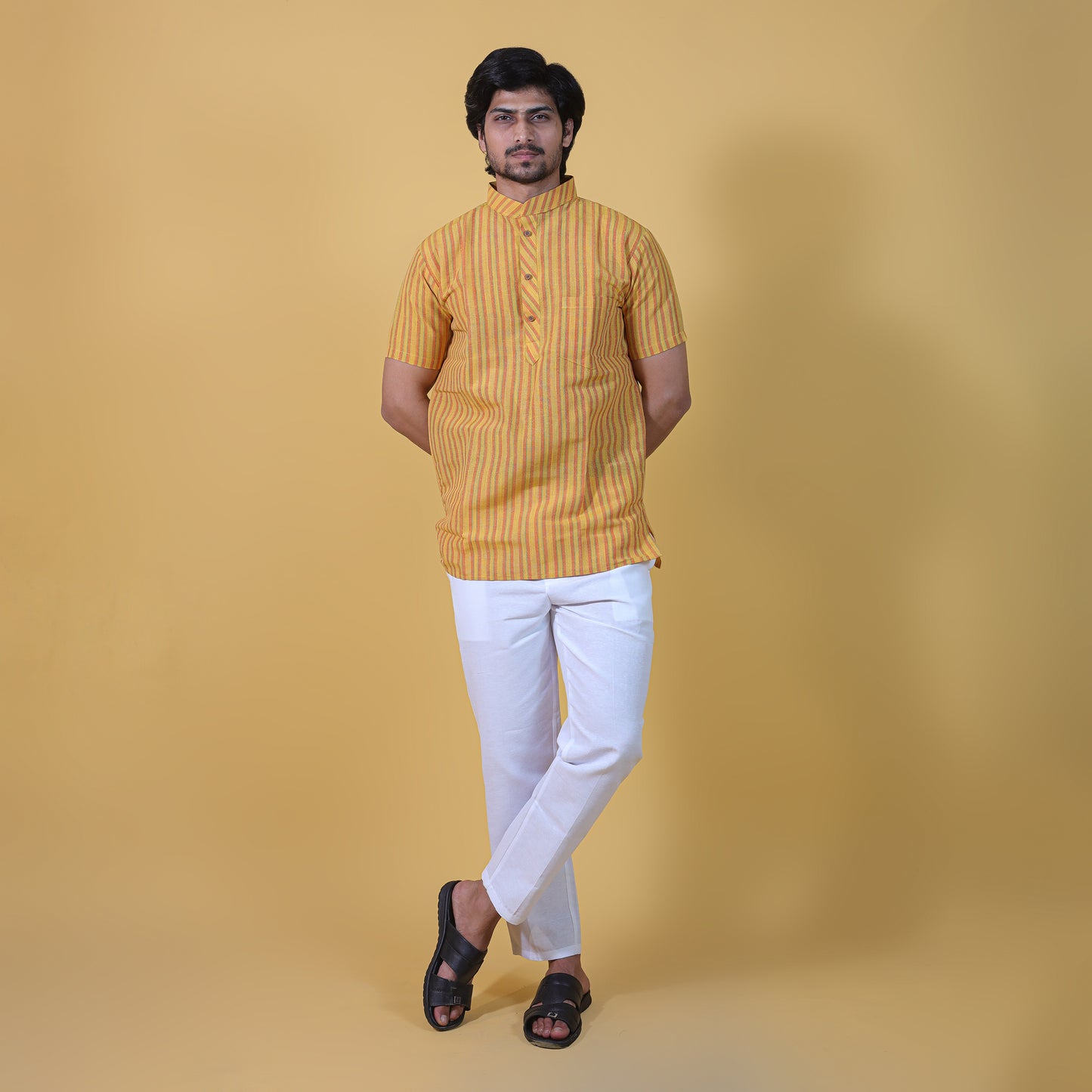 Combo Set Breeze Striped Half Sleeves Short Kurta Pant-Yellow