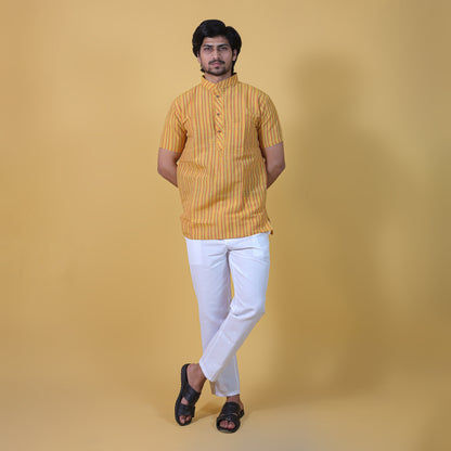 Combo Set Breeze Striped Half Sleeves Short Kurta Pant-Yellow