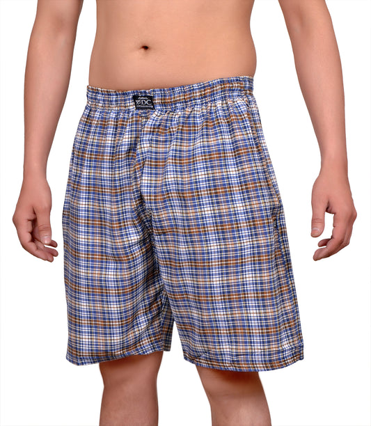 A pair of blue checkered cotton shorts with a elastic waistband and chain-buttoned pockets