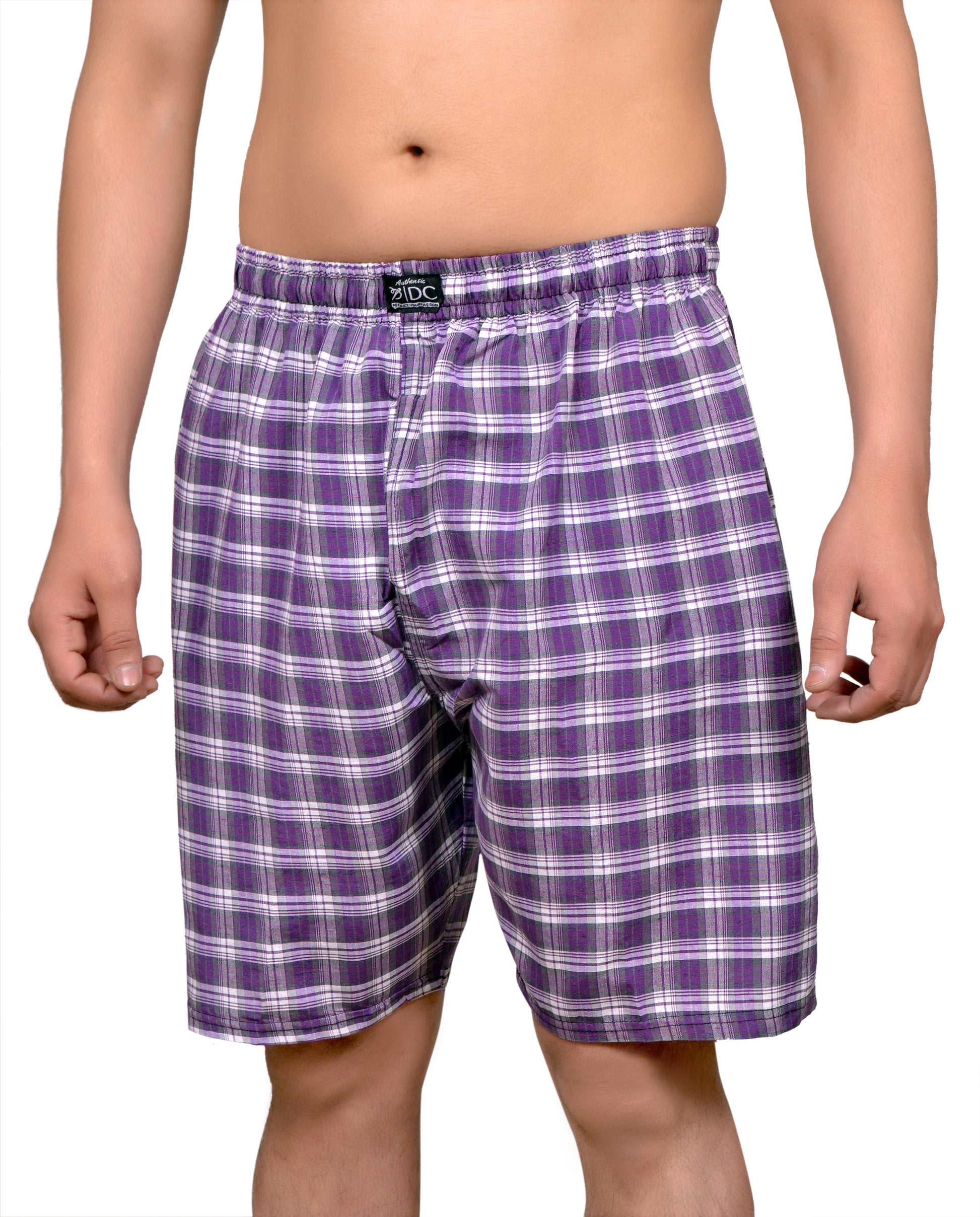 A pair of purple check cotton shorts with a chain-link fly closure.