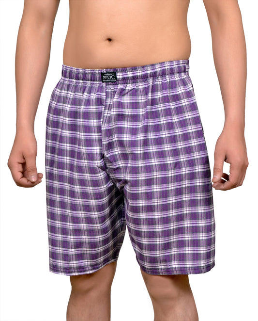 A pair of purple check cotton shorts with a chain-link fly closure.