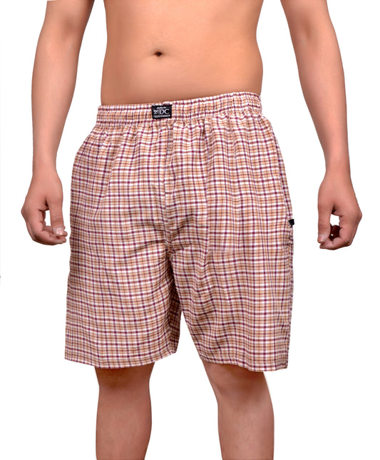 A pair of checkered cotton shorts in a red and blue pattern with a chain-link fastener at the waist.