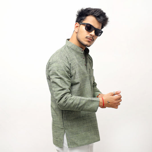 Dark Jharna Full Sleeves Short Kurta-Green