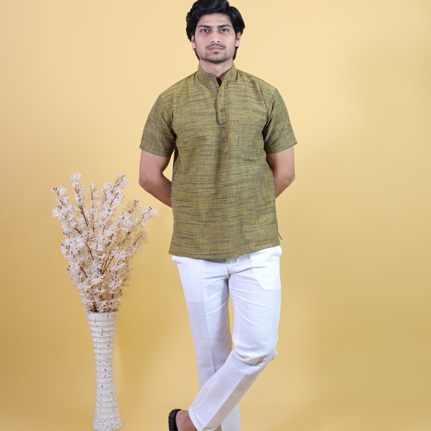 Combo Set Dark Jharna Half Sleeves Short Kurta Pant-Mustard