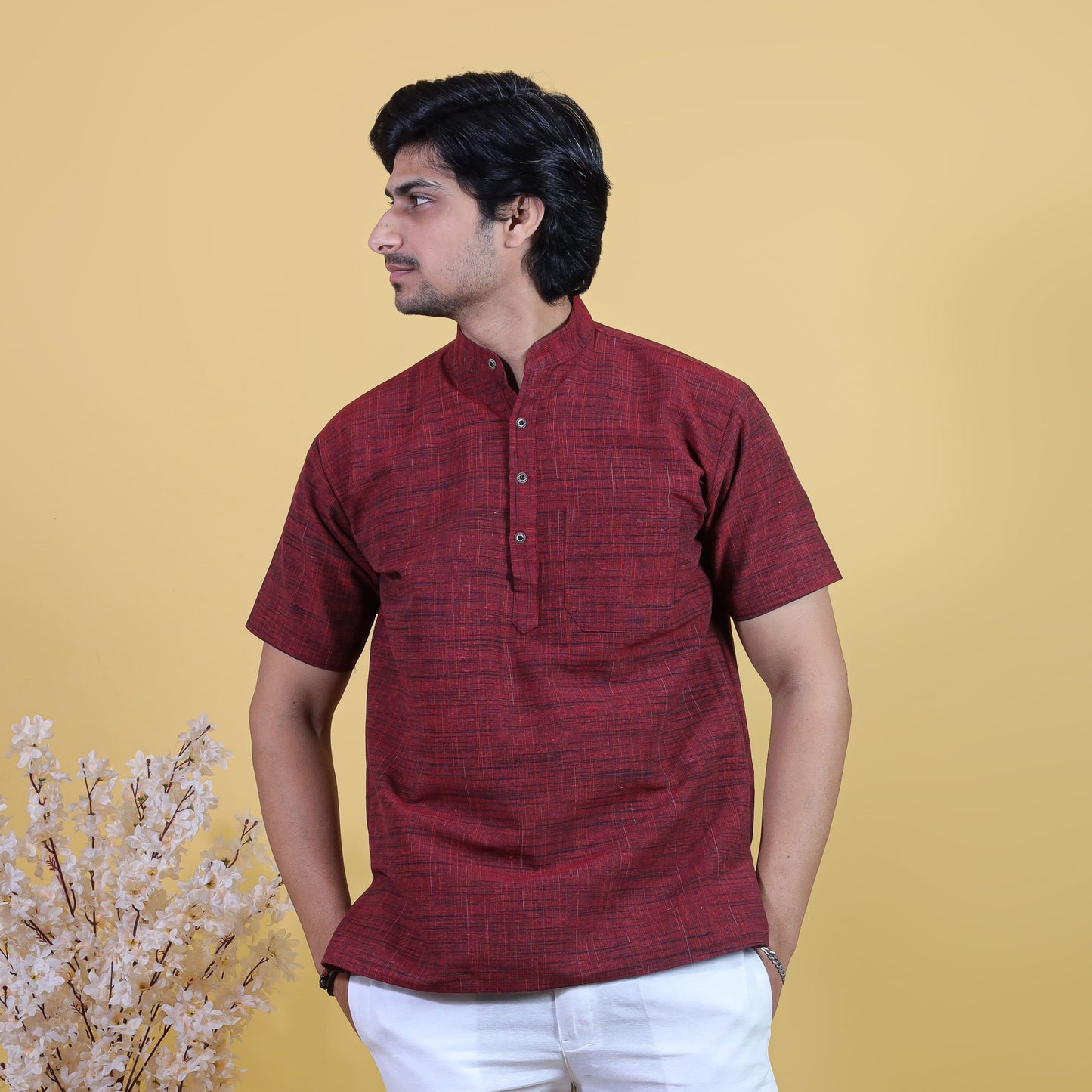 Combo Set Dark Jharna Half Sleeves Short Kurta Pant-Red